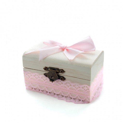 Cutiuta din lemn cu broderie roz pentru prima suvita de par a bebelusului, 10x5x5 cm - CSB-09