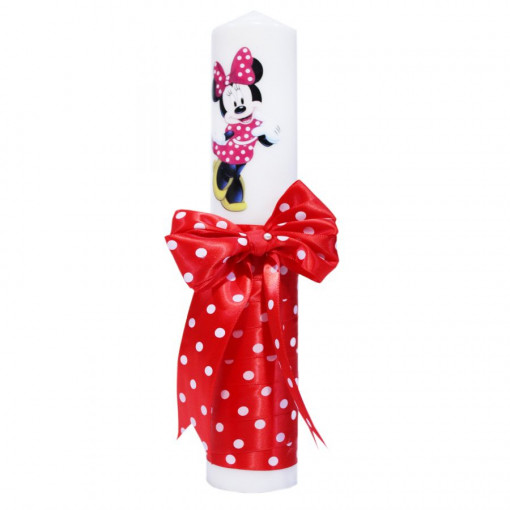 Lumanare botez cu imprimeu Minnie Mouse, funda si panglica rosie cu buline - 30x5 cm - LPB-65