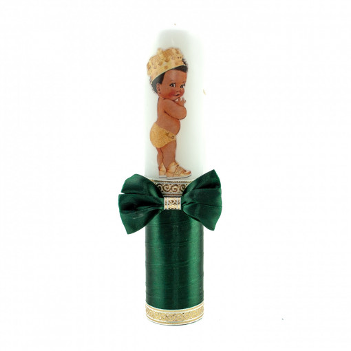 Lumanare botez cu panglica verde si funda- Bebe Print- 30x6.5 cm- LPB-233