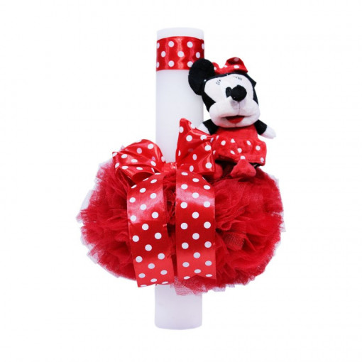 Lumanare botez cu tulle rosu si funda cu buline - Jucarie Minnie Mouse aplicata - 35x5 cm - LPB-142