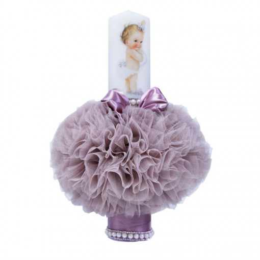 Lumanare botez cu tulle roz pudrat inchis si perle - Bebe Printesa - 35x7 cm - LPB-169