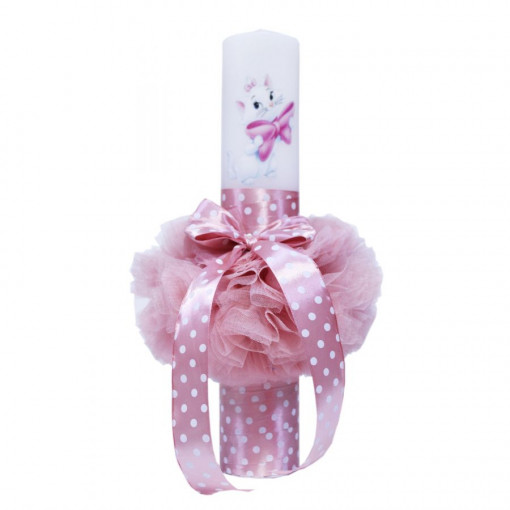 Lumanare botez cu tulle roz pudrat si funda cu buline - Pisicuta Aristocrata - 40x7 cm - LPB-118