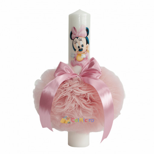 Lumanare botez cu tulle roz pudrat si funda - Minnie Mouse - 30x5 cm - LPB-98