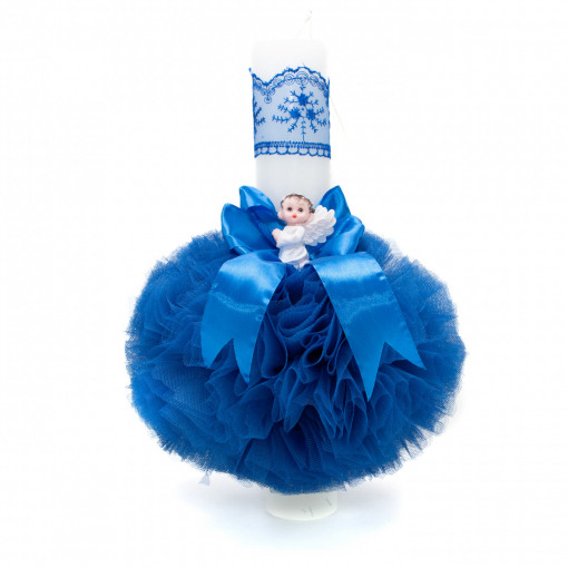 Lumanare botez cu tulle si panglica albastru electric- Ingeras- 35x5 cm- LPB-209
