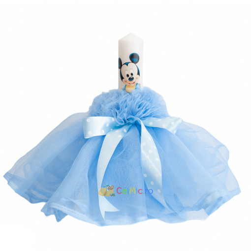 Lumanare botez cu volane si funda bleu - Mickey Mouse - 30x5 cm - LPB-106