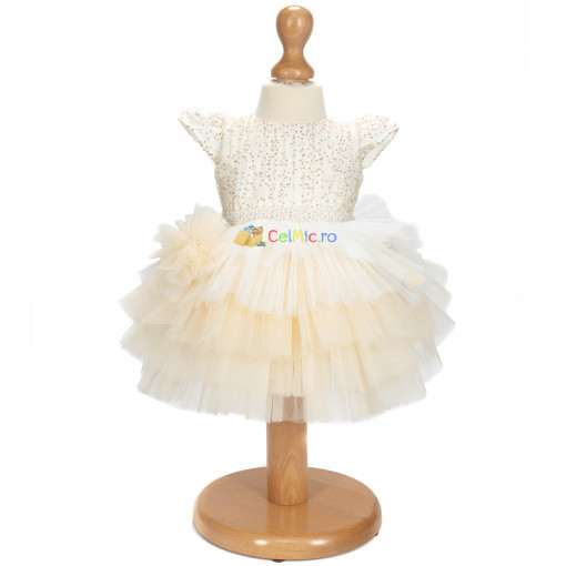 Rochita eleganta fetite din tafta cu accesorii, tulle si captusala din bumbac - crem - 0-3 • 3-6 • 6-9 luni - REF-03