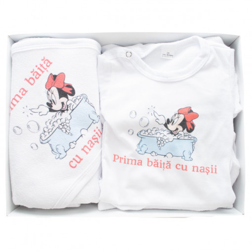 Set de baie pentru bebelusi cu 3 piese,personalizat cu mesaj-"Prima baita cu nasii"- Minnie Mouse, Rosu- SDB-14