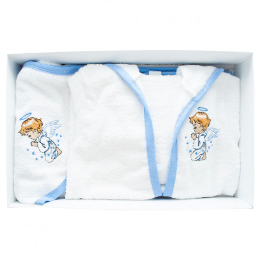 Set de baie pentru bebelusi cu tiv albastru, 3 piese, brodat cu Ingeras, Alb- SDB-05