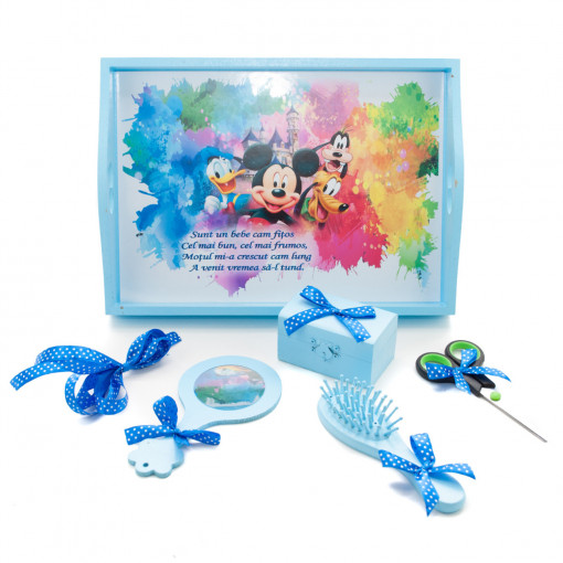 Tavita mot cu 6 piese bleu si fundite albastru electric cu buline - Mickey Mouse - 35x20 cm - TPM-42