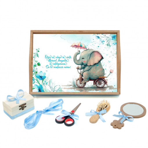 Tavita mot cu 6 piese cu fundite bleu cu buline - Elefantul pe bicicleta - 35x20 cm - TPM-103