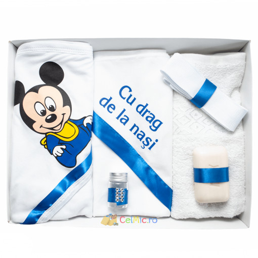 Trusou botez cu 6 piese personalizat cu text imprimat - "Cu drag de la Nasi" - Mickey Mouse - Alb-Albastru - TPB-19