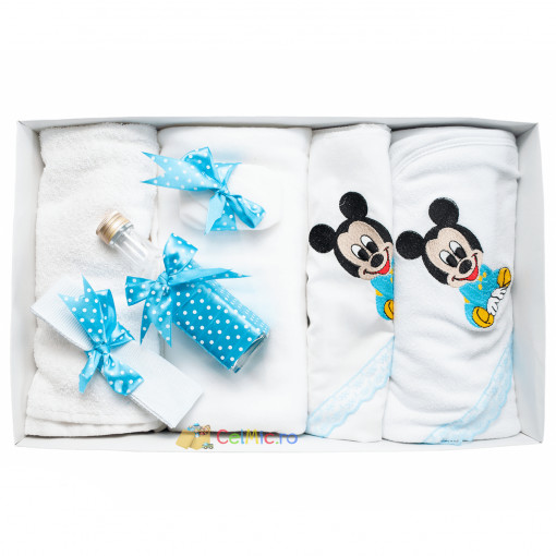 Trusou botez cu 7 piese - Mickey Mouse brodat - Alb-Turquoise - TPB-42