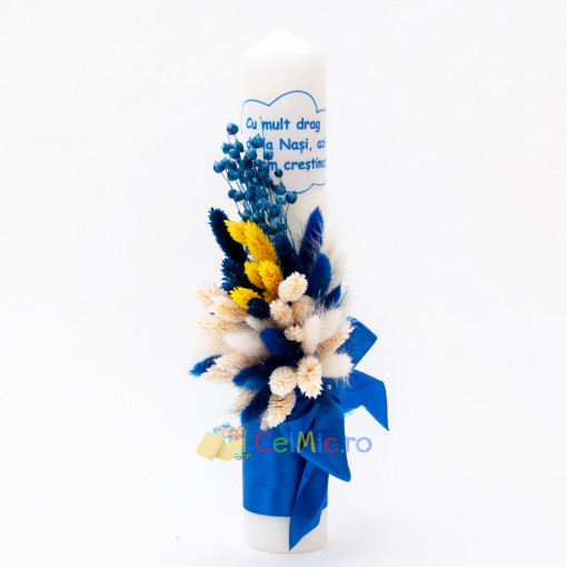Lumanare botez cu flori uscate si spice de grau - "Azi m-am crestinat", Albastru Electric, 35x6 cm - LPB-301
