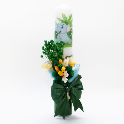 Lumanare botez cu flori uscate si spice de grau, Elefantel, Verde, 35x6 cm - LPB-309