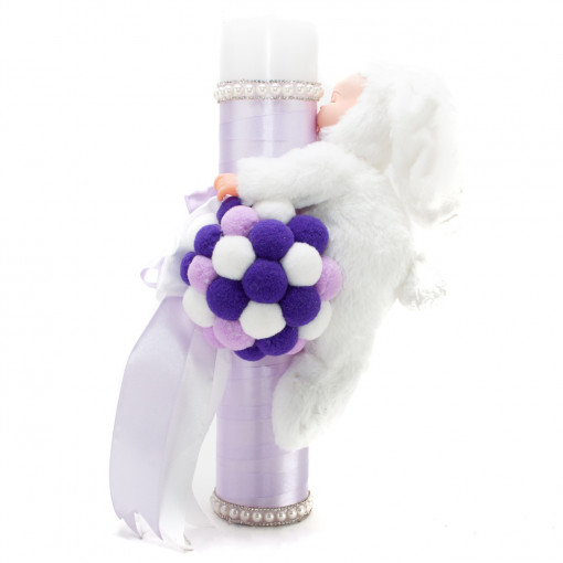 Lumanare botez cu panglica lila si funda- Iepuras- 35x7 cm- LPB-219