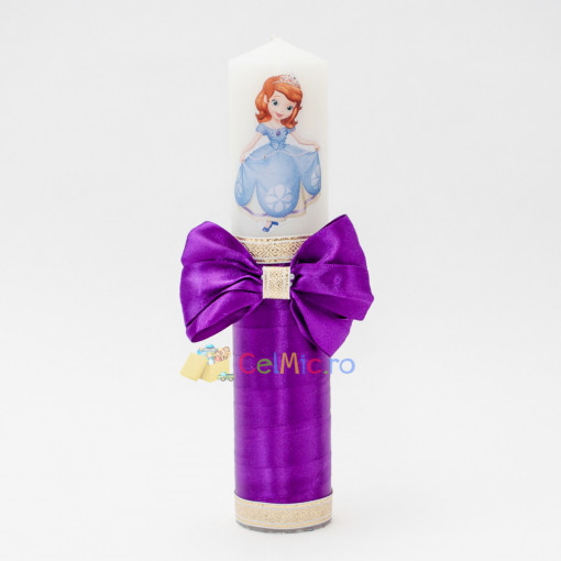 Lumanare botez cu panglica violet si funda- Sofia- 30x6.5 cm- LPB-295