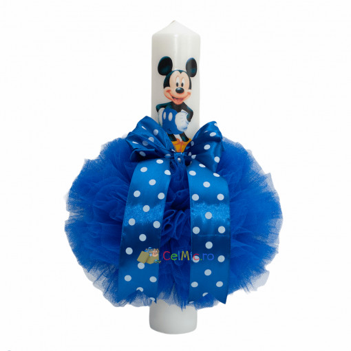 Lumanare botez cu tulle albastru si funda cu buline - Mickey Mouse - 30x5 cm - LPB-95