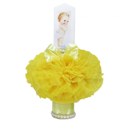 Lumanare botez cu tulle galben si perle - Bebe Printesa - 35x7 cm - LPB-165