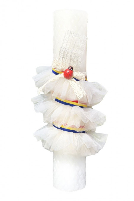 Lumanare botez cu tulle ivoire si panglica tricolor - Traditionala - 35x6 cm - LPB-11