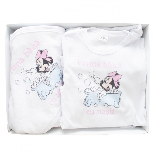 Set de baie pentru bebelusi cu 3 piese,personalizat cu mesaj-"Prima baita cu nasii"- Minnie Mouse, Roz- SDB-15