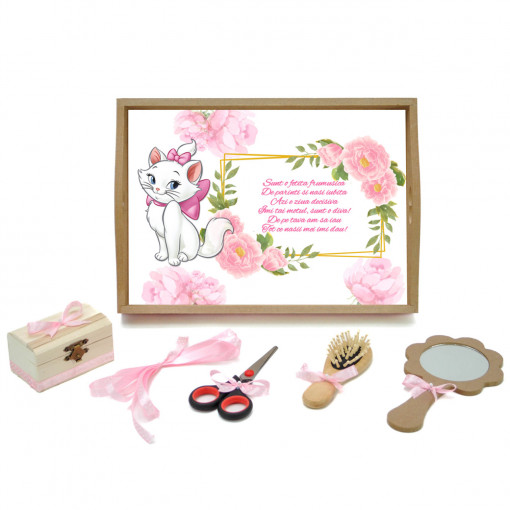 Tavita mot cu 6 piese cu fundite roz pudra cu buline - Pisica Marie cu bujori - 35x20 cm - TPM-106