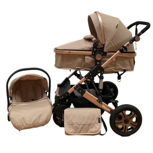 Carucior 3 in 1 cu landou, sport si scoica, reversibil, 0-36 luni, Crem- CPC-25-crem