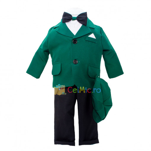 Costum botez elegant pentru baieti, 5 piese, sacou, camasa, pantaloni, papion, bascuta, Verde - CBD-07