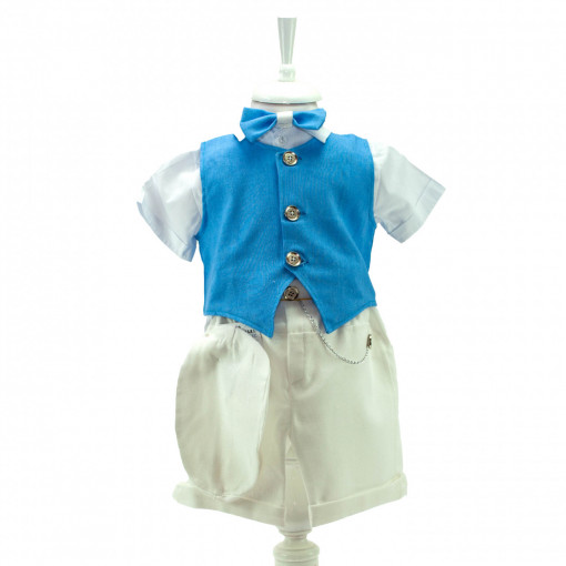 Costum botez scurt din in, de vara, pentru baieti, 5 piese, vesta, camasa, pantaloni, papion, bascuta, Bleu - CBD-16