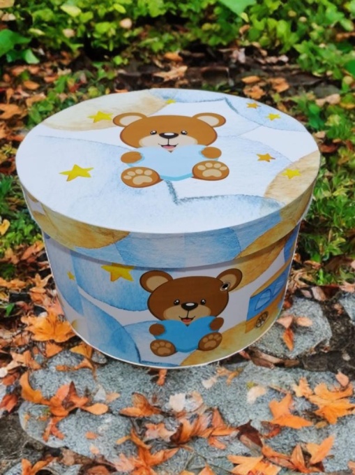 Cutie trusou botez colorata, 30x30 cm, Ursulet cu inima, Albastru - CPT-54