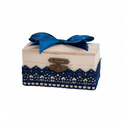 Cutiuta din lemn cu broderie bleumarin pentru prima suvita de par a bebelusului, 10x5x5 cm - CSB-14