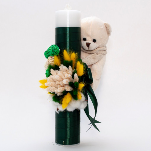 Lumanare botez cu flori uscate, spice de grau si jucarie Ursulet aplicata, Verde, 35x5 cm - LPB-261