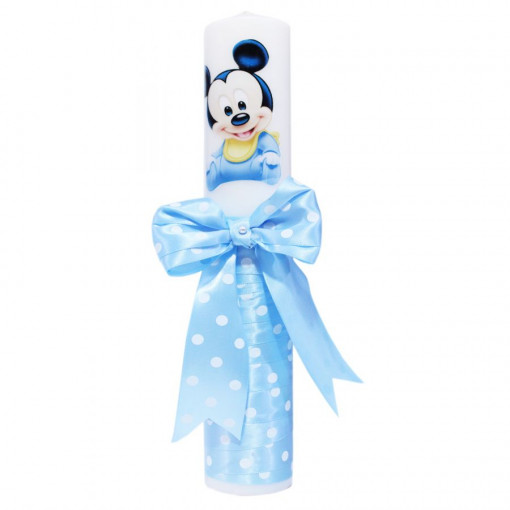 Lumanare botez cu imprimeu Mickey Mouse, funda si panglica bleu cu buline - 30x5 cm - LPB-62