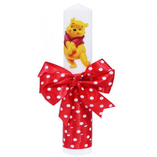 Lumanare botez cu imprimeu Winnie-The-Pooh, funda si panglica rosie cu buline - 30x5 cm - LPB-69