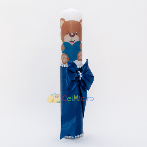 Lumanare botez cu panglica, funda si margele - Ursuletul Iubitor, Bleumarin, 35x5 cm - LPB-265