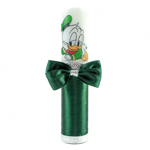 Lumanare botez cu panglica verde si funda- Donald Duck- 30x6.5 cm- LPB-229