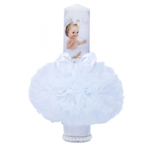 Lumanare botez cu tulle alb si perle - Bebe Printesa - 35x7 cm - LPB-170