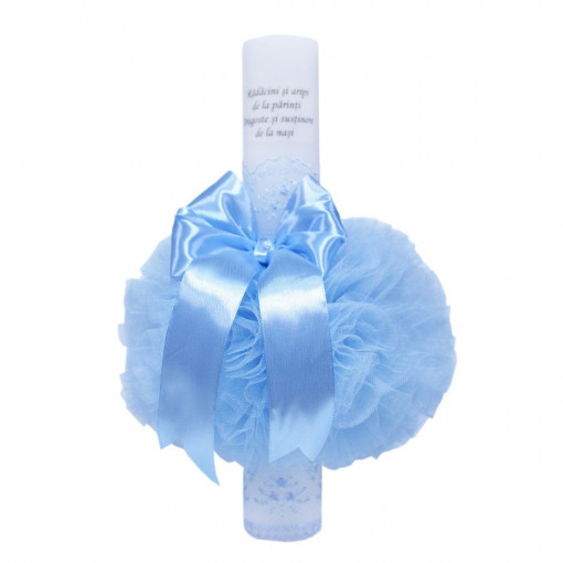 Lumanare botez cu tulle bleu si funda - "Radacini si aripi" - 35x5 cm - LPB-138