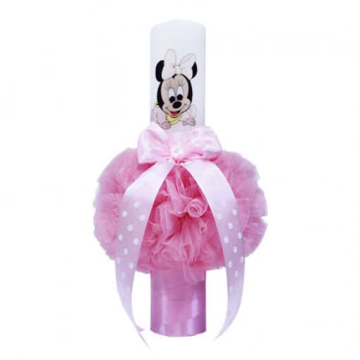 Lumanare botez cu tulle roz si funda cu buline - Minnie Mouse - 40x7 cm - LPB-119