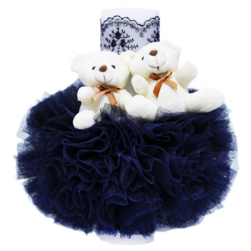 Lumanare botez cu ursuleti, tulle si broderie - Bleumarin - 20x7 cm - LPB-82