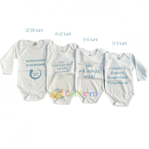 Set 4 body bebelusi cu imprimeu, Bumbac 100%, 0-18 luni, Mesaje Imprimate, Alb-Bleu - BBM-20