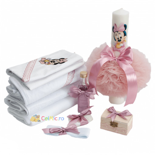 Set Botez, Lumanare cu tulle si Trusou 7 piese, Minnie Mouse, Roz pudrat- SPB-21