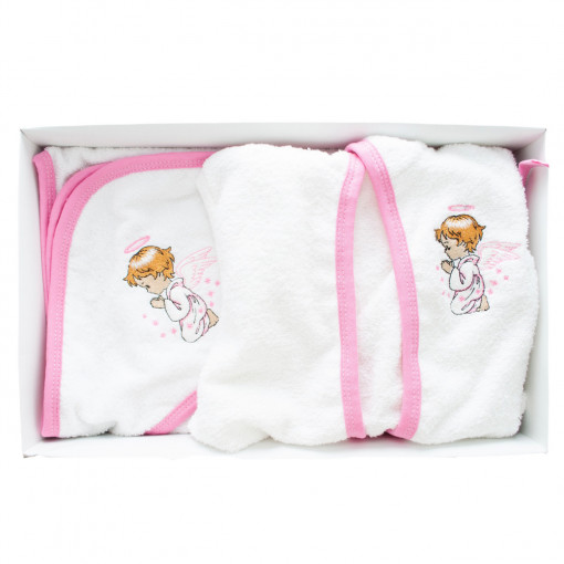 Set de baie pentru bebelusi cu tiv roz, 3 piese, brodat cu Ingeras, Alb- SDB-06
