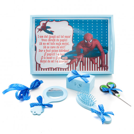 Tavita mot cu 6 piese bleu si fundite albastru electric cu buline - Spider-Man - 35x20 cm - TPM-43