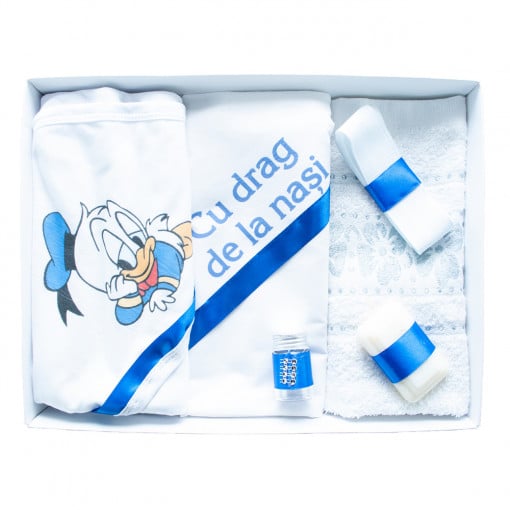 Trusou botez cu 6 piese personalizat cu text imprimat - "Cu drag de la Nasi" - Donald Duck - Alb -Albastru electric - TPB-218