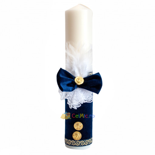 Lumanare botez cu aplicatii din pene, funda si banuti aurii - Bleumarin - 35x7cm - LPB-179