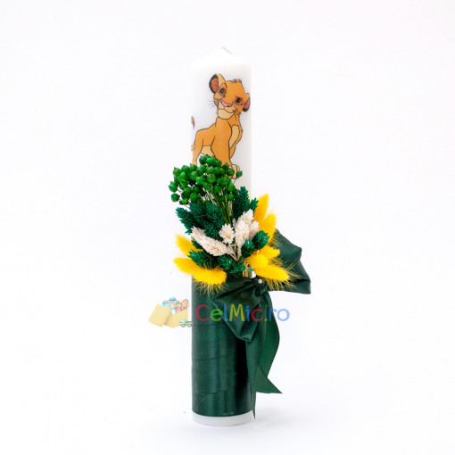 Lumanare botez cu flori uscate si spice de grau, Simba, Verde, 35x6 cm - LPB-326