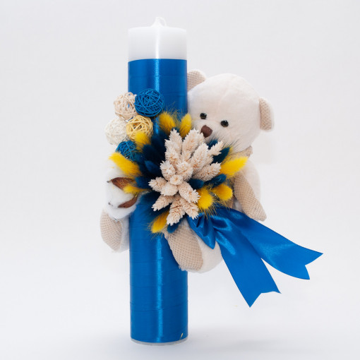 Lumanare botez cu flori uscate, spice de grau si jucarie Ursulet aplicata, Albastru Electric, 35x5 cm - LPB-259