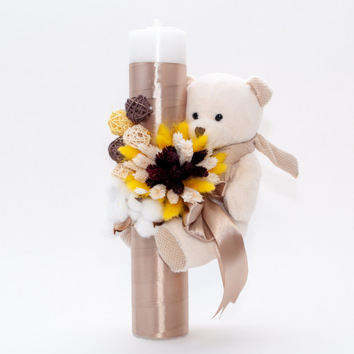 Lumanare botez cu flori uscate, spice de grau si jucarie Ursulet aplicata, Bej, 35x5 cm - LPB-262