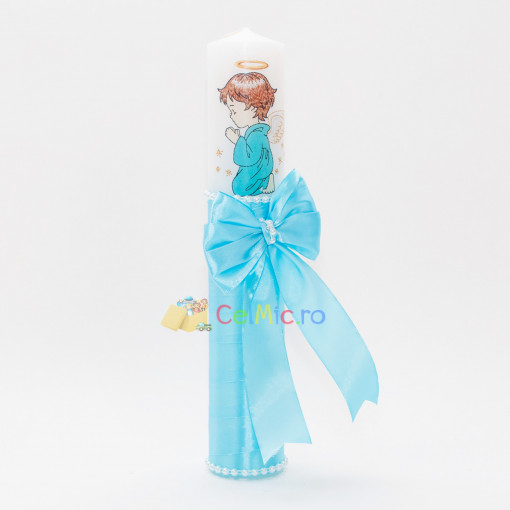 Lumanare botez cu panglica, funda si margele - Ingeras, Bleu, 35x5 cm - LPB-272