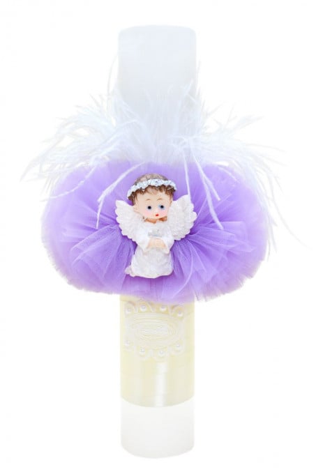 Lumanare botez cu tulle lila si pene albe - Ingeras - 35x6 cm - LPB-04